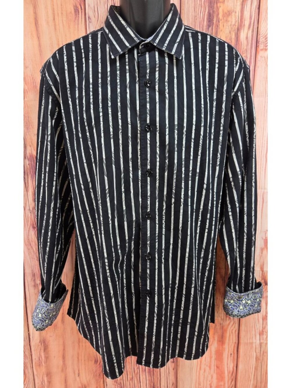 Robert Graham Mens 2XL Black Striped Long-Sleeve Shirt With Paisley Trim - 100%